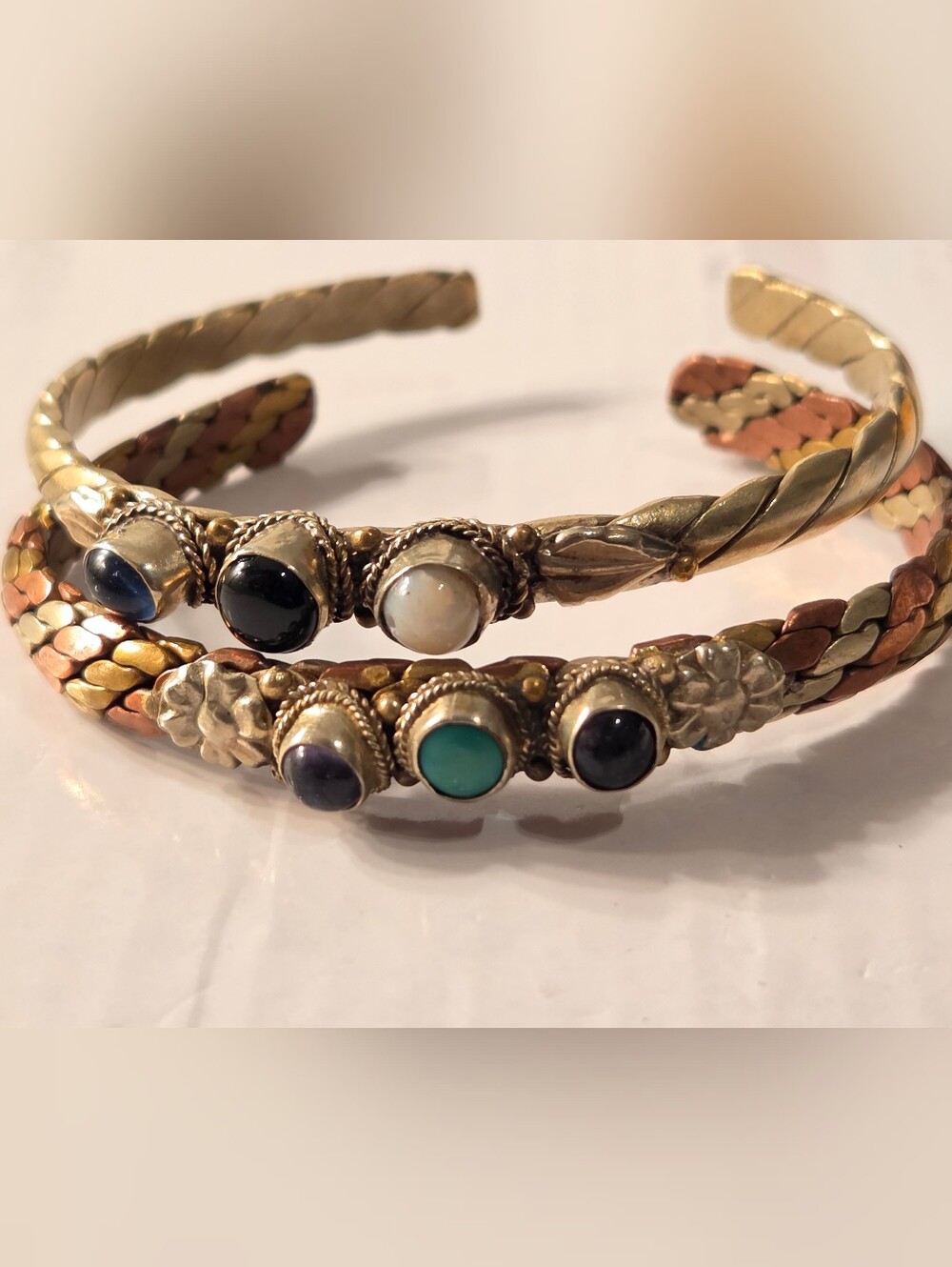 Tri-Tone Stone Accent Cuff Bracelet - Gold, Copper, Silver